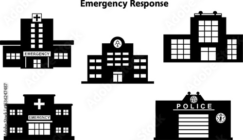 Emergency services buildings hospital police station fire department vector illustration design icon set editable stock vector illustration