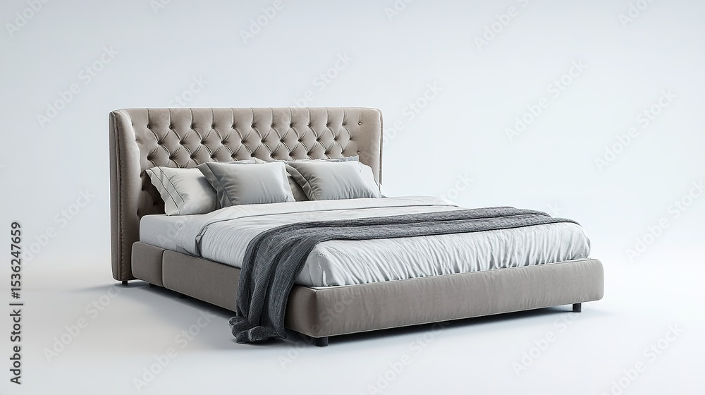 Obraz premium A modern, upholstered bed with a tufted headboard, neatly made with white bedding and gray pillows and throw, set against a plain white background.