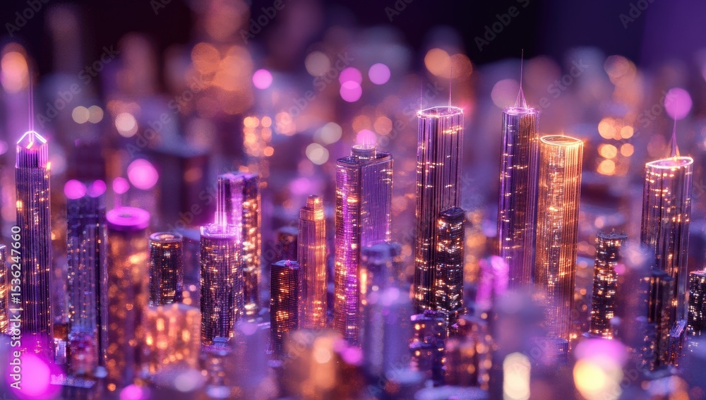 Fototapeta premium Futuristic city skyline, vibrant neon lights