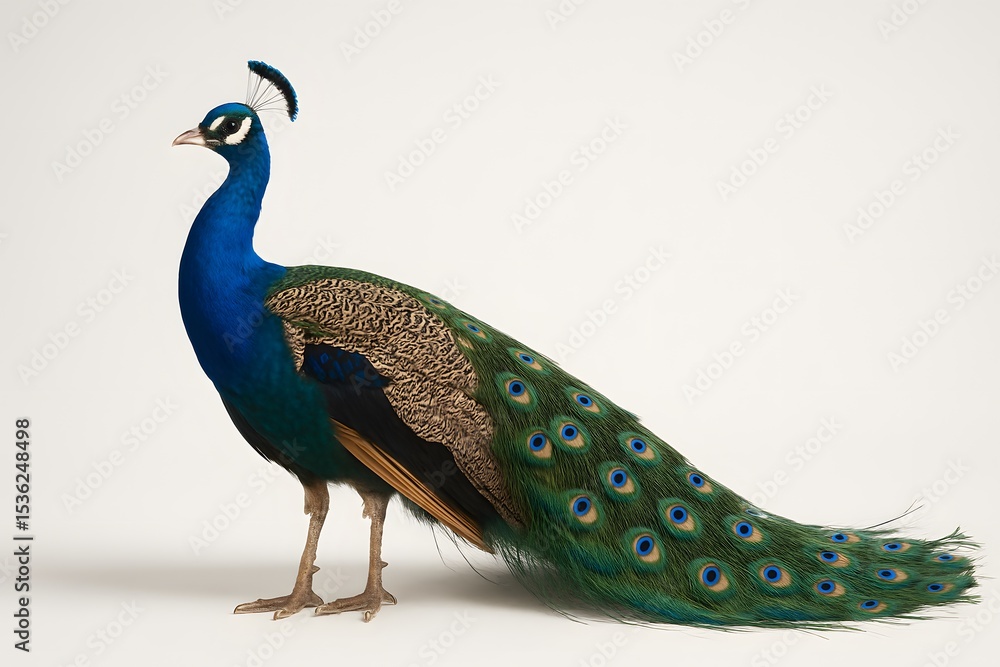 Fototapeta premium Vibrant Peacock Displaying Majestic Plumage in Wildlife Photography Closeup