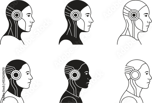 Collection of Cyborg Profiles Futuristic Humanoid Android Designs Vector Illustration