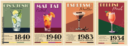 Set of Cocktail retro posters with recipe. Classic Gin and Tonic, Mai Tai, Belini, Espresso Martini  Popular alcohol drinks. Vintage vector illustration, bar, pub, restaurant, kitchen decor