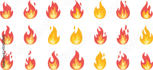 Vector Set of Hand-Drawn Flames Featuring Simplified Shapes, Bright Oranges and Reds, and a Clean Modern Grid Composition
