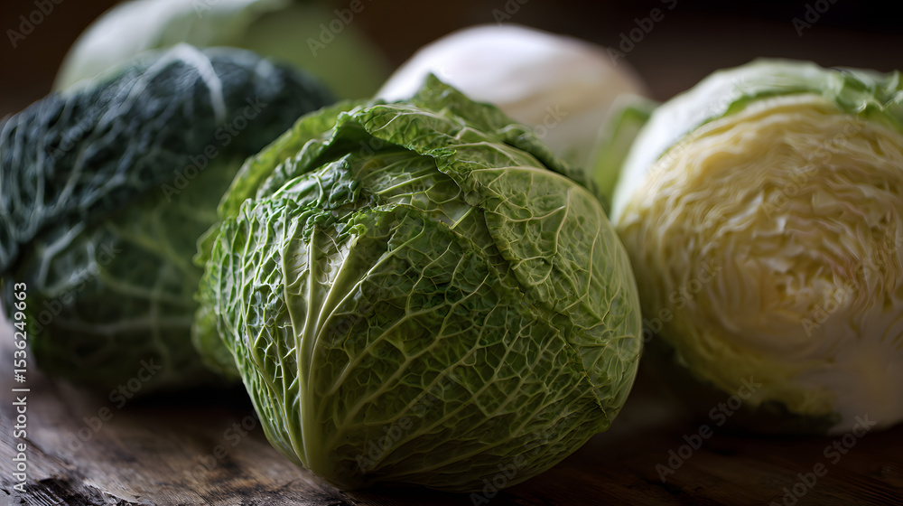 Fototapeta premium Fresh Green Cabbage Varieties on Rustic Wooden Table in Natural Light for Farm Fresh Culinary Presentations