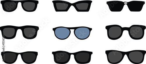Vector Art of Black and Blue Sunglasses Featuring Aviator and Angular Designs – Clean, Symmetrical Layout with Sleek, High-Contrast Style