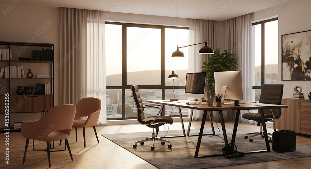 Fototapeta premium Office with Desk Chair Computer Lamp Art Bookshelf Curtain