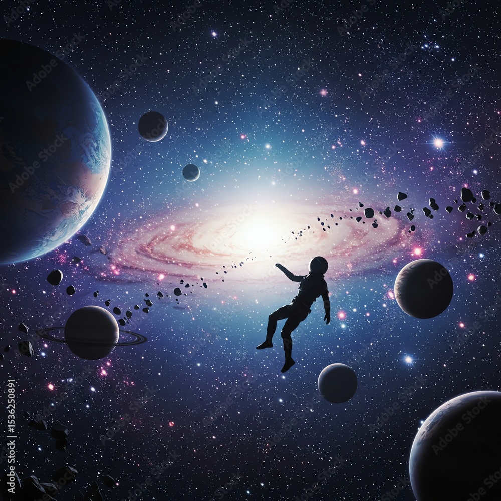 Naklejka premium Astronaut Drifting Among Planets in the Cosmos Great Adventure Space