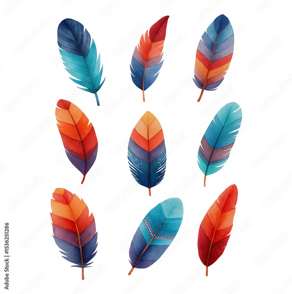 Obraz premium Colorful Watercolor Feathers in Various Shapes and Patterns Displaying Vibrant Hues and Intricate Designs