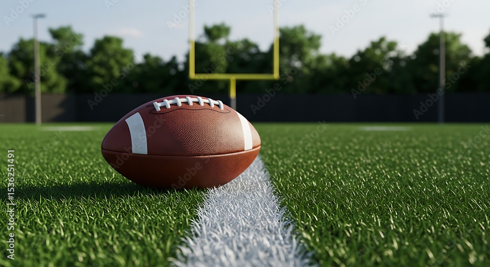 Obraz premium American football on a field. Goal posts in background