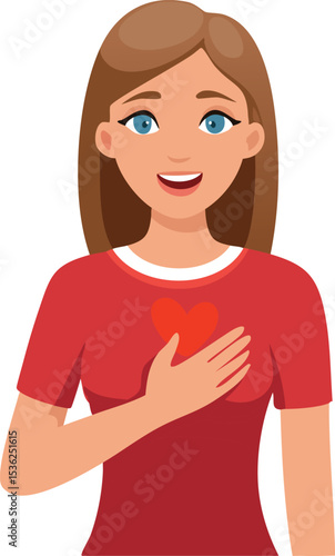 Vector Illustration of a Young Woman with Light Brown Hair and Blue Eyes Smiling Warmly with Hand on Heart, Wearing a Red Shirt in a Stylized Clean Graphic Style

