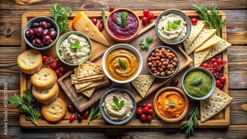 Wallpaper Mural A delightful assortment of savory dips, crunchy crackers, and vibrant berries arranged on a rustic wooden board for a sophisticated appetizer spread. Torontodigital.ca