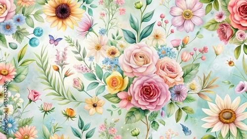 A Whimsical Watercolor Garden Featuring a Bountiful Array of Roses, Sunflowers, and Delicate Blooms on a Soft, Pastel Background