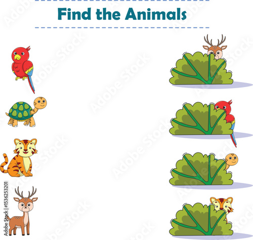 Find Hiding Animals. Child Exercise Sheet with wild animals. Printable worksheet. Cartoon vector illustration