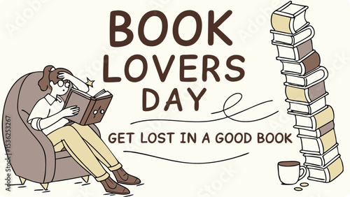 Illustration of a woman relaxes in a chair reading a book, celebrating book lovers day