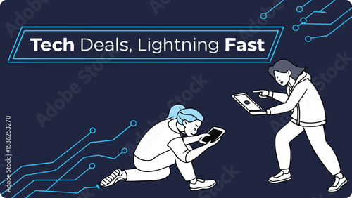 Illustration of two women collaborate on technology deals, working quickly on laptops and smartphones