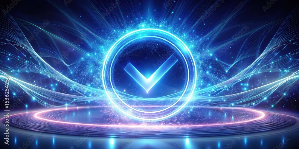 Fototapeta premium Abstract Futuristic Digital Checkmark Symbol Illuminated in Glowing Neon Circle on Dark Background with Energetic Light Trails