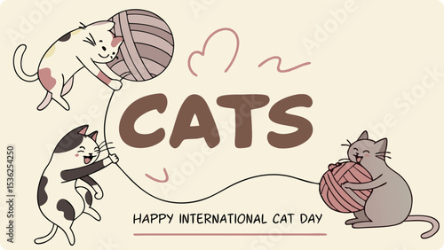 Illustration of two playful cats enjoy a ball of yarn on international cat day