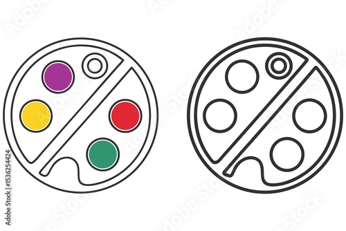 Round palette shows color and black outline versions with separate circle compartments on white