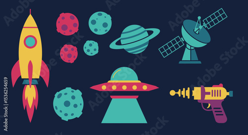 Retro Space Icon Set – Cartoon Rockets, UFOs & Sci-Fi Galaxy Elements