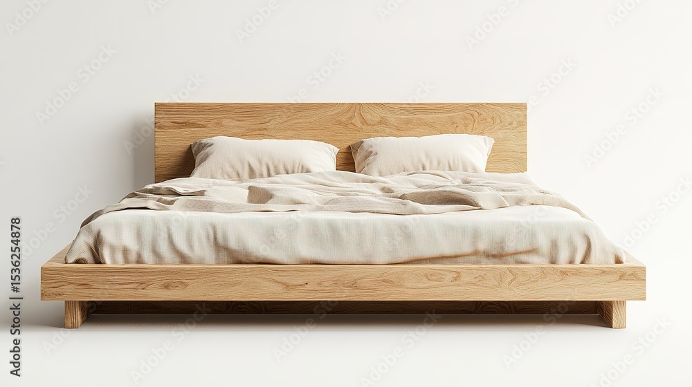 A minimalist wooden platform bed with a light wood headboard, neutral bedding, and two pillows in a clean, modern setting. A minimalist wooden platform bed with a light wood headboard, neutral bedding, and two pillows in a clean, modern setting.