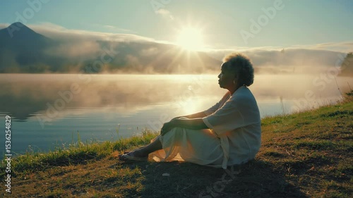 A serene morning by the lakeside features a elderly african american woman enjoying the sunrise