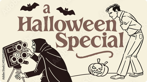 Illustration of a halloween special illustration features a vampire operating a vintage movie camera, a man looking on, and a jackolantern