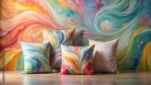Vibrant Swirls A Collection of Decorative Pillows Against an Abstract Background Featuring Fluid, Colorful Designs Ideal for Home Decor and Interior Design Projects