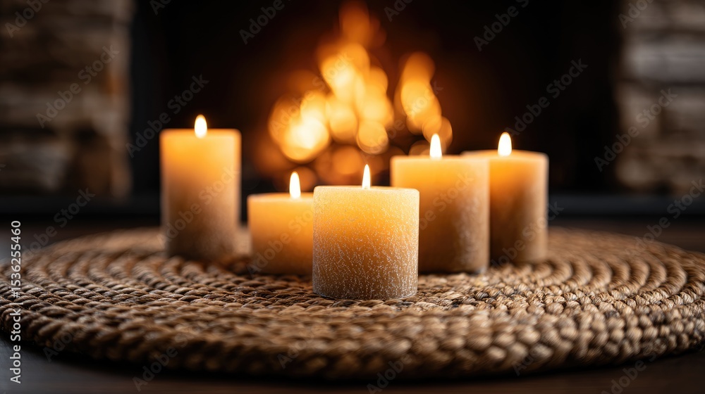 Several lit candles on a woven rug in front of a fireplace. Several lit candles on a woven rug in front of a fireplace.