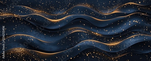 Abstract dark blue wavy surface with gold sparkles