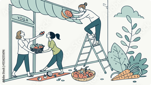 Illustration of three women work together to deliver fresh fruits and vegetables to a yoga studio