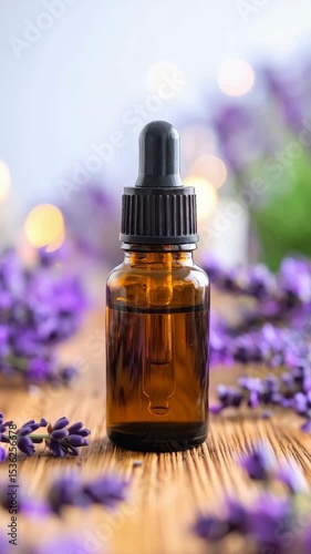 Aromatic lavender essential oil in amber glass bottle with dropper on wooden surface surrounded by purple flowers and soft blurred bokeh lights background