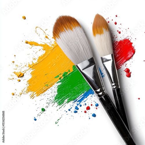 Colorful Paint Splatter with Three Paintbrushes on White Background