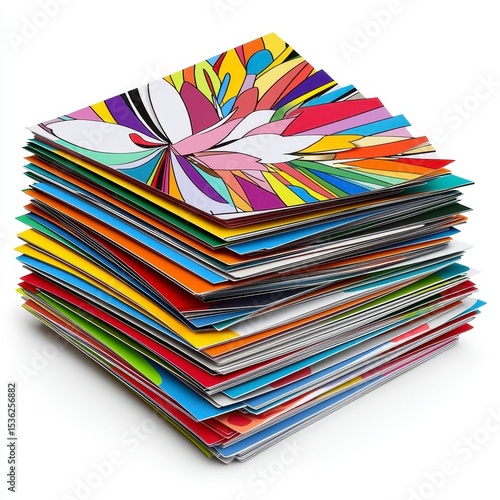 Colorful Paper Stack with Varied Patterns and Bright Colors on White Background