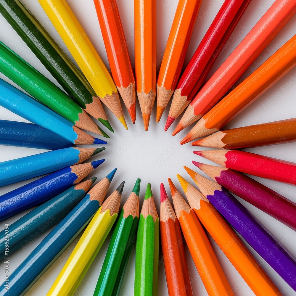 Fototapeta premium Colorful Pencils Arranged in a Circle on White Background