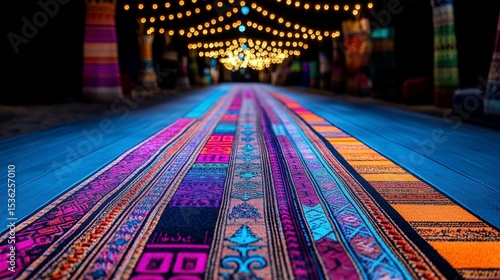 Colorful Patterned Rug Pathway at Night with Warm Lights