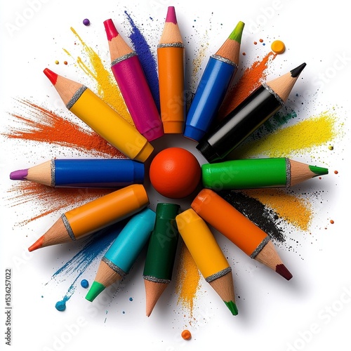 Colorful Pencils Arranged in a Circular Pattern with Orange Ball
