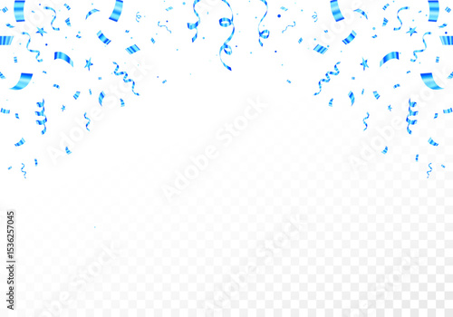 Celebration with falling shiny blue confetti and ribbon on transparent background vector