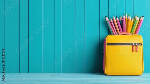 Colorful Pencils in Yellow Case Against Teal Wood