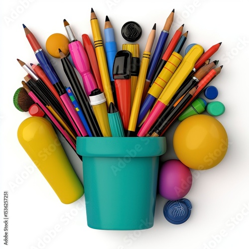 Colorful Pencils Pens and Erasers in Teal Pot on White