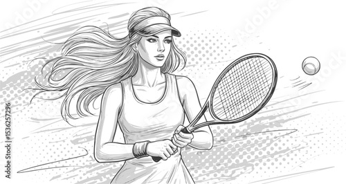 Vector drawing of a young woman playing tennis. Tennis girl in sketch style. EPS 10 version.