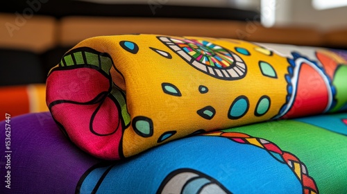 Close Up of Rolled Colorful Fabric with Vibrant Artistic Patterns
