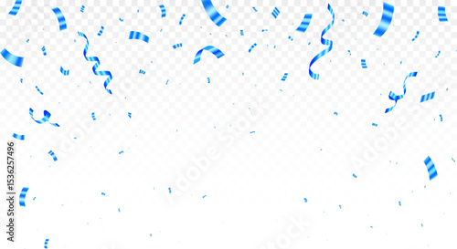 Abstract background party celebration blue confetti. Anniversary celebration banner. Bright festive tinsel. Birthday party backdrop. Holiday design elements. Vector illustration