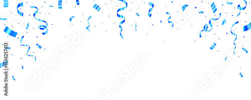 Blue confetti and ribbon celebration design for holiday events on white background.
