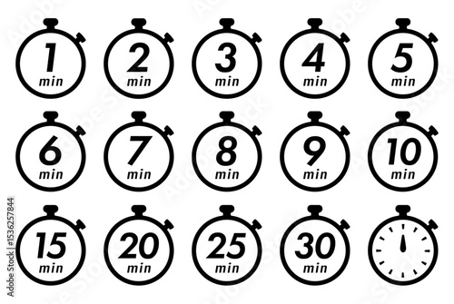 残り時間を表示するタイマー/ストップウォッチ/時計のアイコンイラストデザインセット(timer clock stopwatch 1min 2min 3min 4min 5min 6min 7min 8min 9min 10min 15min 20min 25min 30min 残り時間 シンプル アイコンイラスト ベクター 編集可能)