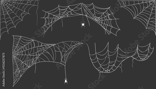 Spiderweb corner line white border, gothic scary hanging net frame on dark background. Simple spooky halloween decoration. Cobweb spider trap.