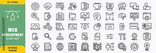 Set of 50 outline web development icons related to software. Linear icon collection. Editable stroke. Vector illustration