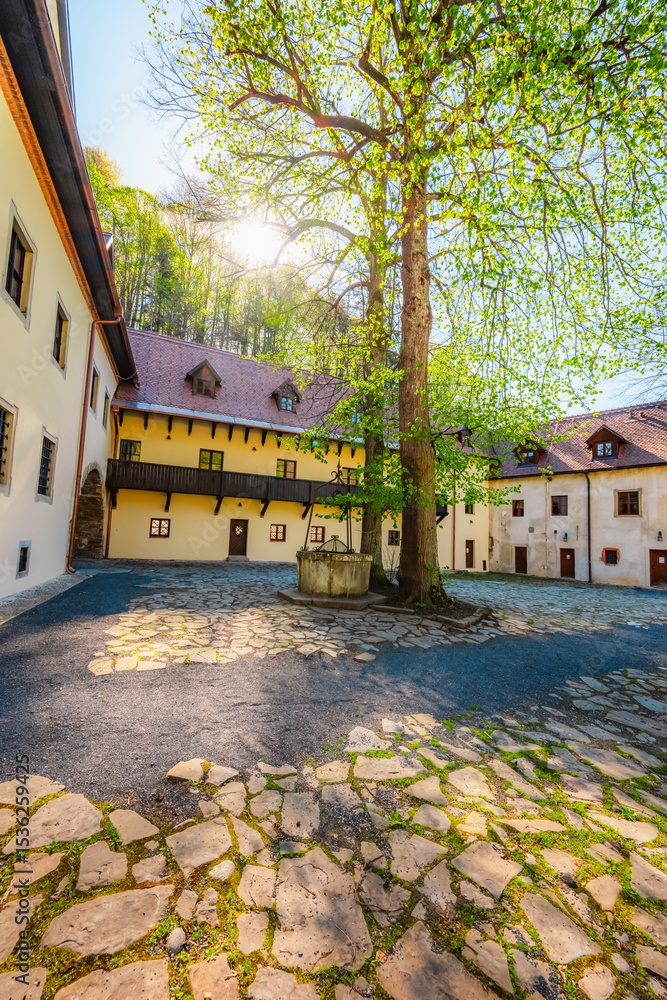 Fototapeta premium Medieval monastery Cerveny Klastor near Peak Tri Koruny or Trzy Korony in Pieniny National park in Slovakia and Poland
