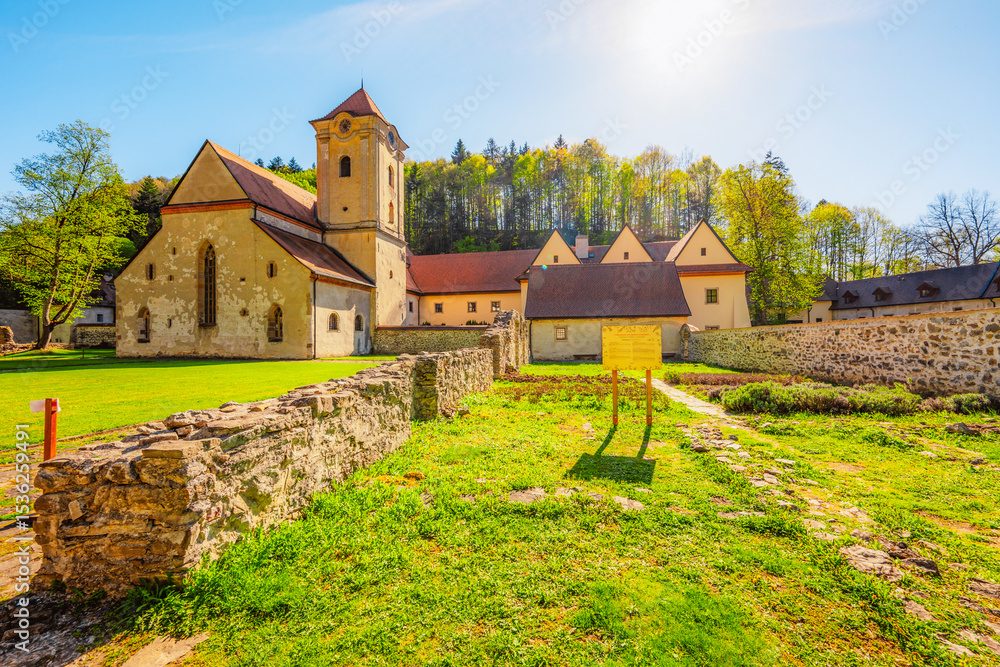 Fototapeta premium Medieval monastery Cerveny Klastor near Peak Tri Koruny or Trzy Korony in Pieniny National park in Slovakia and Poland
