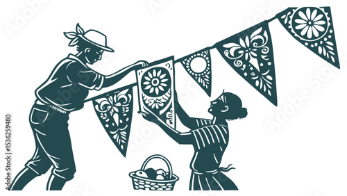 Illustration of two people are hanging decorative banners with floral patterns, celebrating a festive occasion