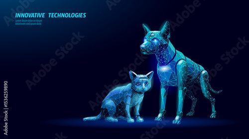 Robotic dog cat low poly design. Geometric pet animals polygonal illustration. Technology artificial intelligence future veterinary. Dark blue gradient vector background